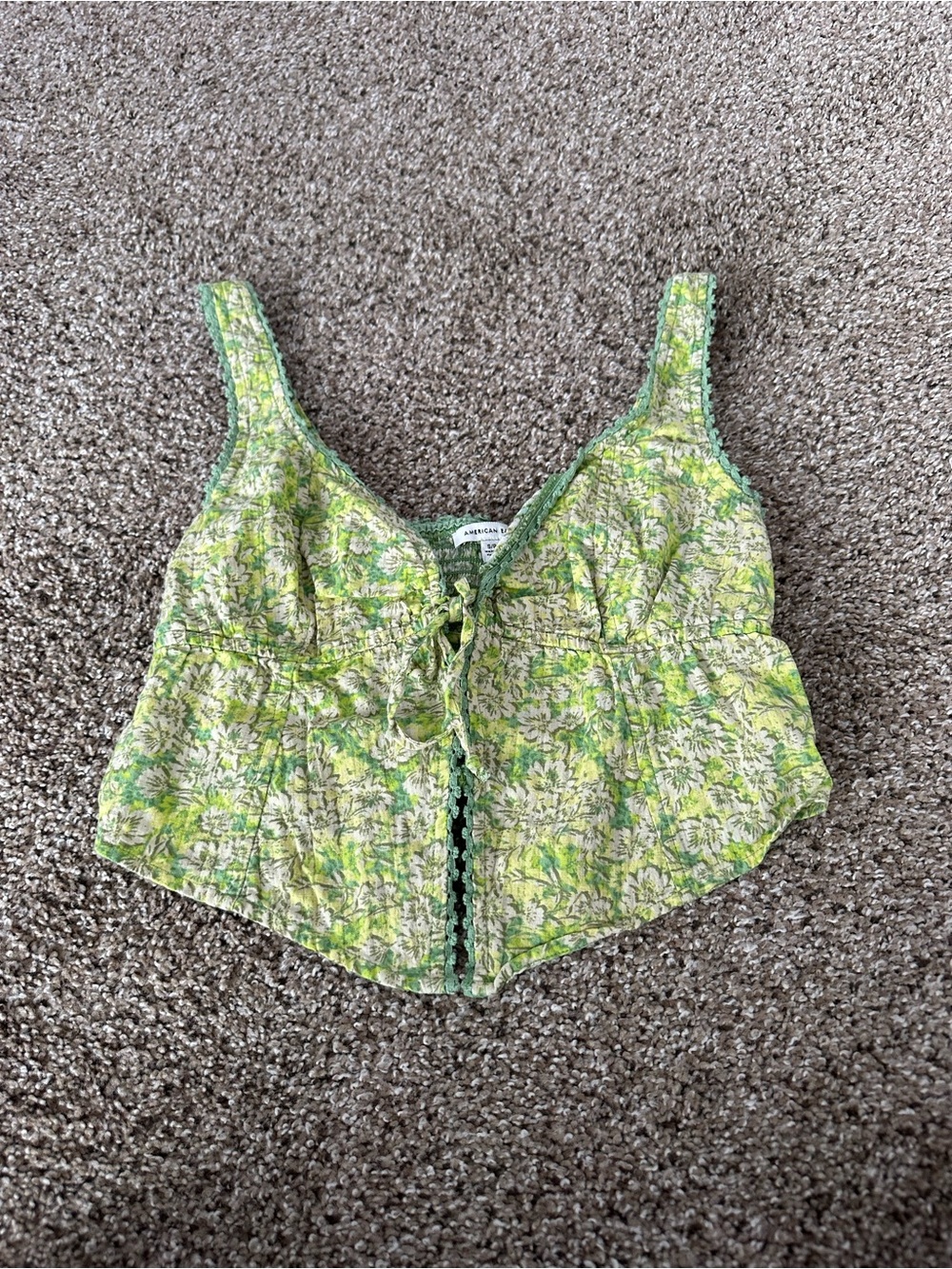American Eagle Outfitters Green Floral Tie-Front Crop Tank